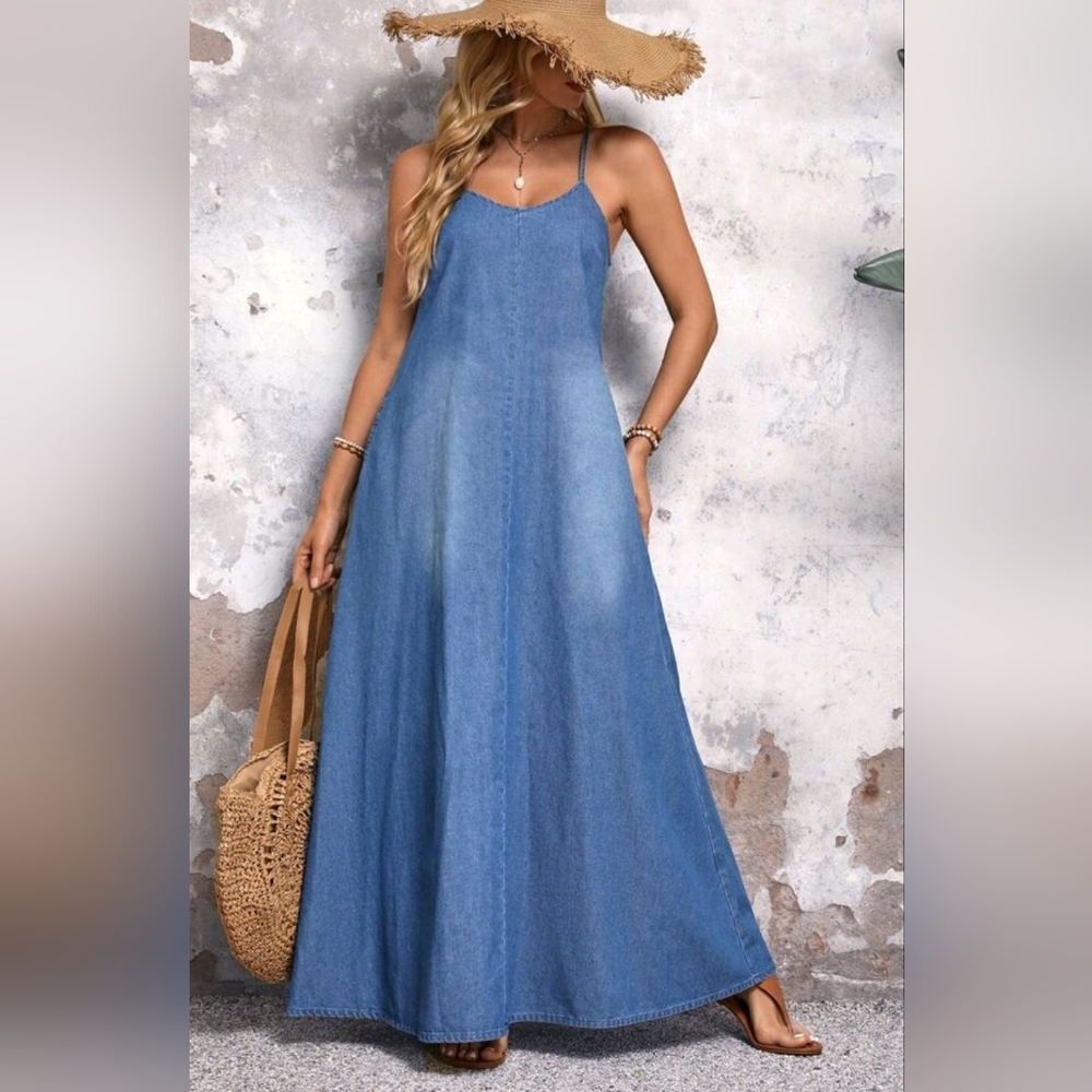 New Casual Woven Cotton Denim Cami Jumper Dress Blue - Picture 3 of 9